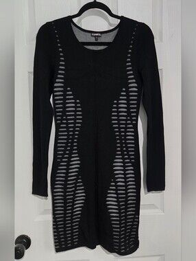 Express Black Long-Sleeve Cutout Knit Bodycon Dress | Size S